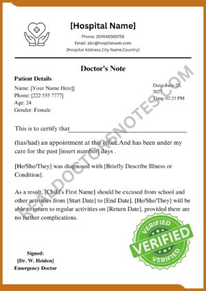 children hospital Doctors Note Template